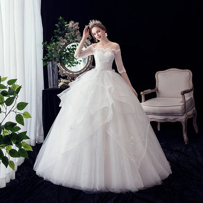 2021 New Gryffon Half Sleeve Boat Neck Wedding Ball Gown Luxury Lace Sequins Wedding Dresse Robe De Mariee