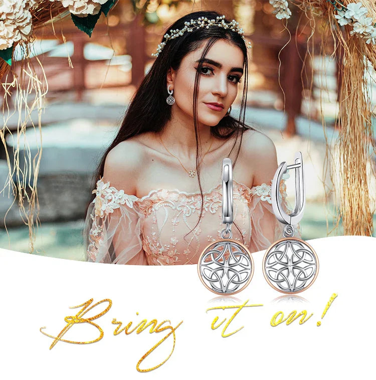 Celtic Knot Irish Rose Gold 925 Sterling Silver Hoop Drop Earrings for Women Fashion Circle Huggies Earrings