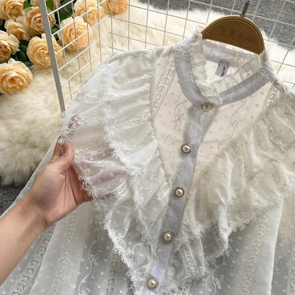 Elegant French Blouse Women Temperament Sweet Ruffles Loose Casual Tops Spring Long Sleeve Streetwear White Shirts