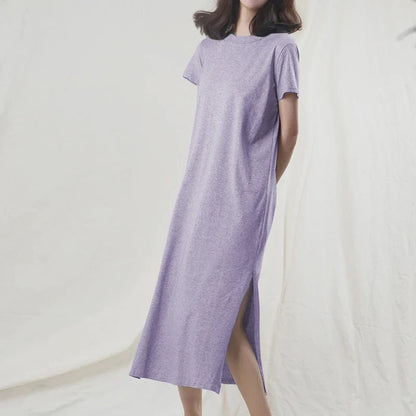Original Casual 94% Cotton Summer Women's Dresses Solid Short Sleeve Spilt Long Midi Dress Fashion Sundress Female Clothing