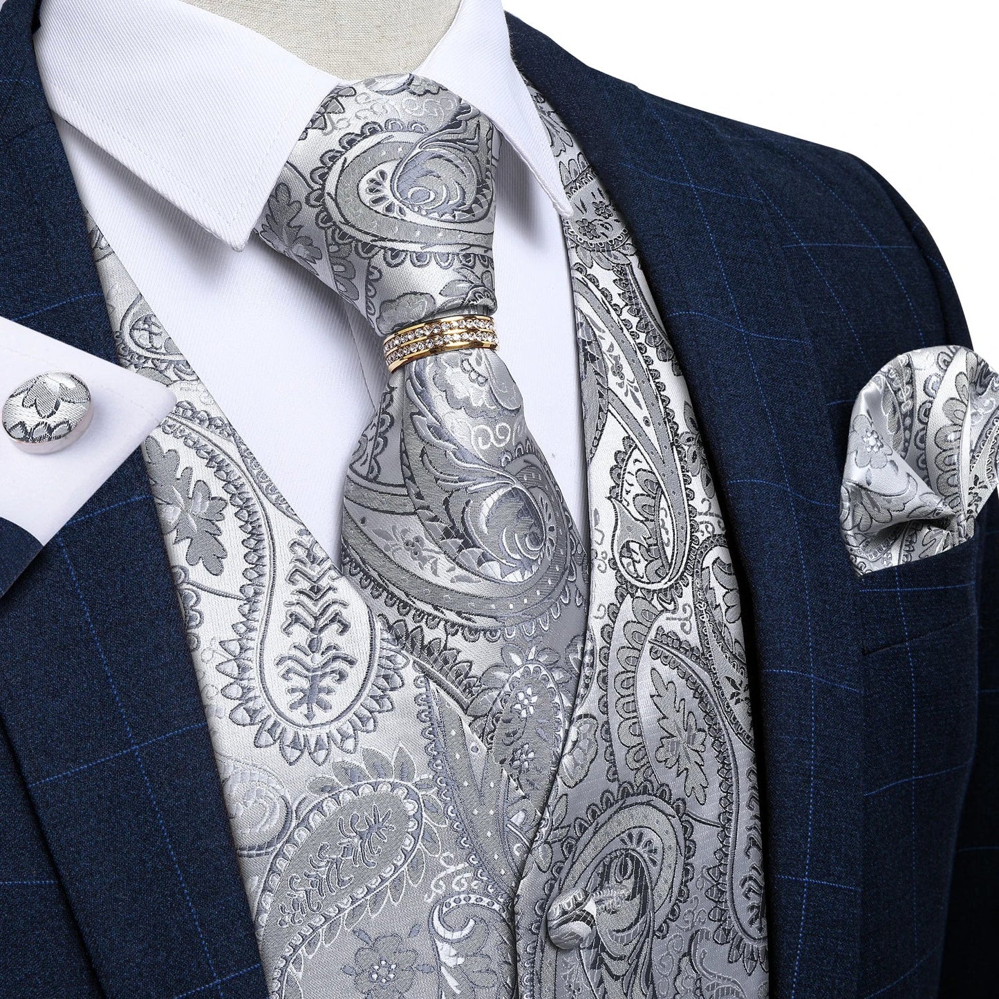 Classic Black Wedding Vest for Men Suit Vest Tie Ring Cufflinks Hanky Set for Party Formal Dress Business Casual Waistcoat