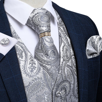 Classic Black Wedding Vest for Men Suit Vest Tie Ring Cufflinks Hanky Set for Party Formal Dress Business Casual Waistcoat