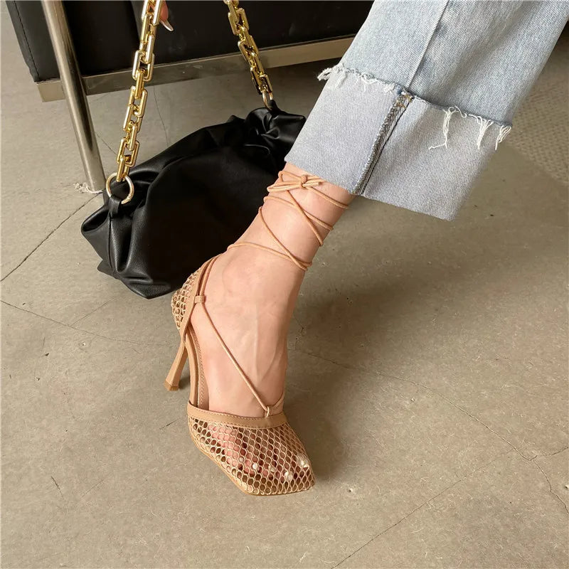 Fashion Hollow Breathable Mesh Square Toe Stiletto High Heels Women Pumps Ankle Lace-Up Elegant Dress Ladies Shoes