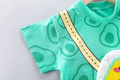 New Toddler Boys Fashion Casual Clothes Outfits 0-5years Baby Girls Print T-shirt with Cartoon Bag+Denim Shorts Summer Clothing