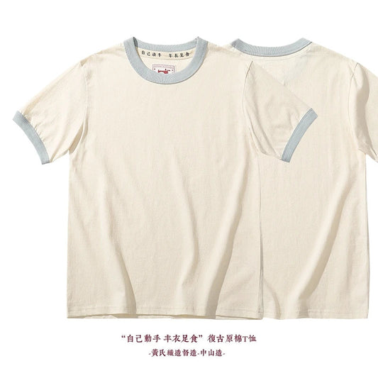Summer New Couple Beach Tops  Fashion Casual Stitching Color Collar Tee Short Sleeve of Unisex Cotton Comfortable O-Neck T-shirt