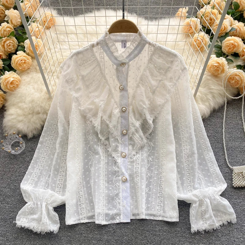 Elegant French Blouse Women Temperament Sweet Ruffles Loose Casual Tops Spring Long Sleeve Streetwear White Shirts