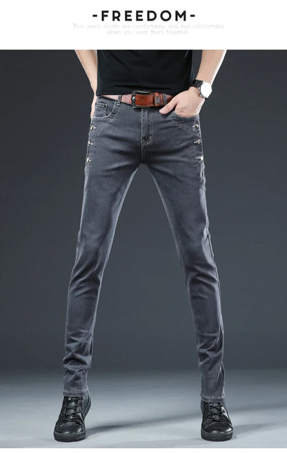 New Men Slim Button Black Skinny Jeans Solid Color Stretch Skateboard Multi-button Youth Male Denim Pants