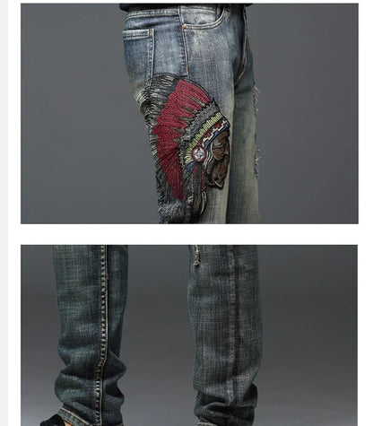 Indian Avatar Embroidered Jeans Men Scratch Long Cracks High Street Pants Soft Red Ears Blue Grey Slim 2020 Western Style