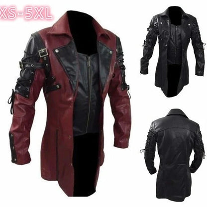 New Steampunk Men's Gothic Trench Coat Leather Jacket Punk Style Biker Jacke Autumn Winter Motocycle Jacket