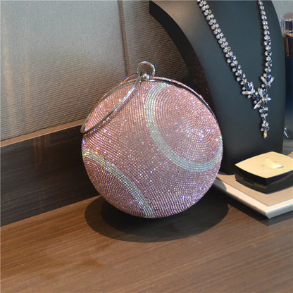 Lady Yellow Pink Black Diamond Day Clutches Rhinestone Pearl Evening Bag Circular Shaped Chain Shoulder Handbags For Party Purse