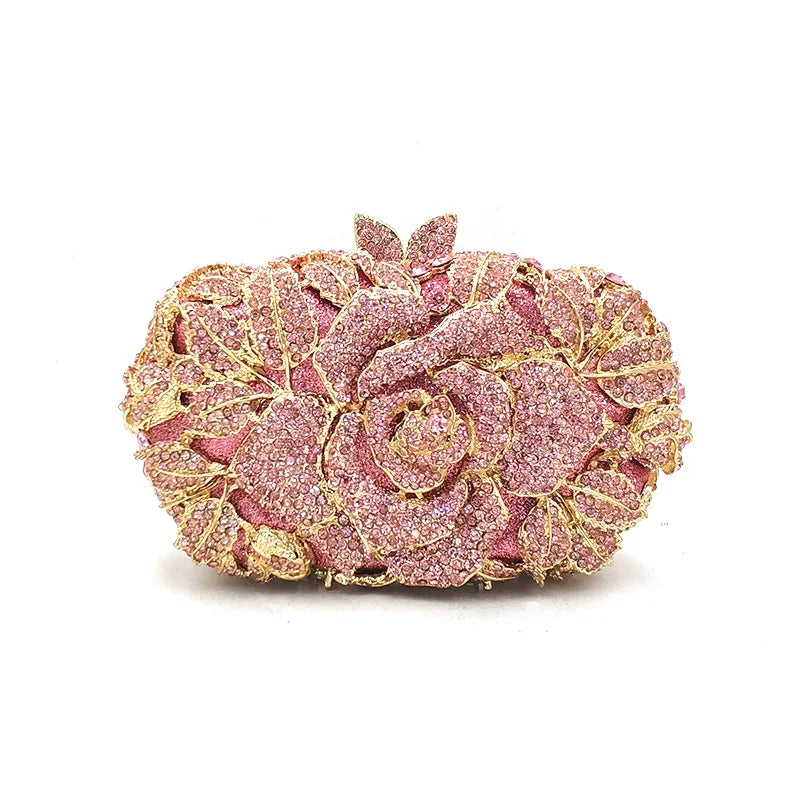 Green Pink Multicolored Rose Crystal Women Evening Clutches Bags Diamond Wedding Cocktail Party Purse And Stone Handbag
