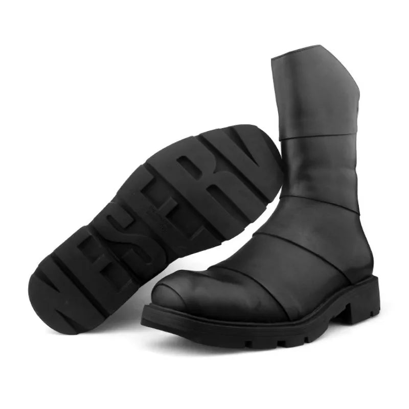 Punk Style Zipper Men Genuine Leather High-Top Sneakers Street Round Toe Winter Warm Platform Boots Black Motorcycle Botas Male