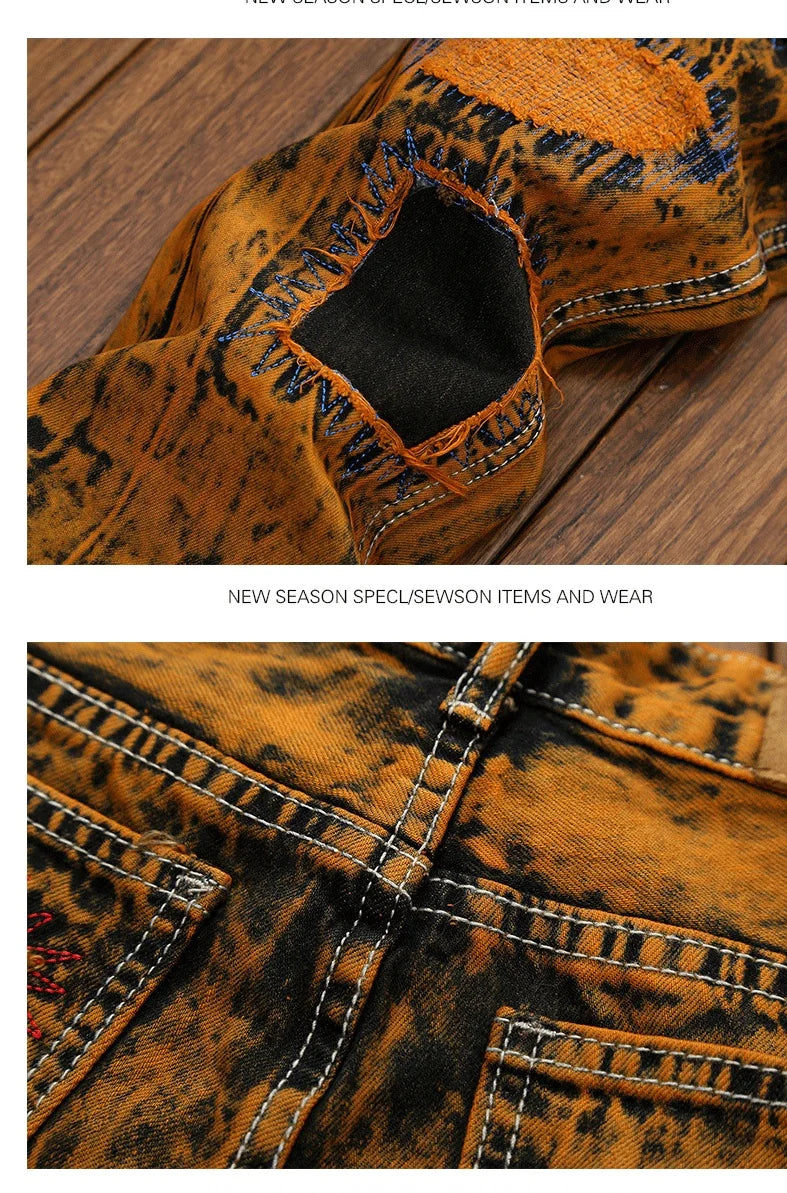3D Black Patch Brown Jeans Men's High Street Pure Cotton Frayed Hole Fishing Net Decoration Elastic Comfortable Pants New