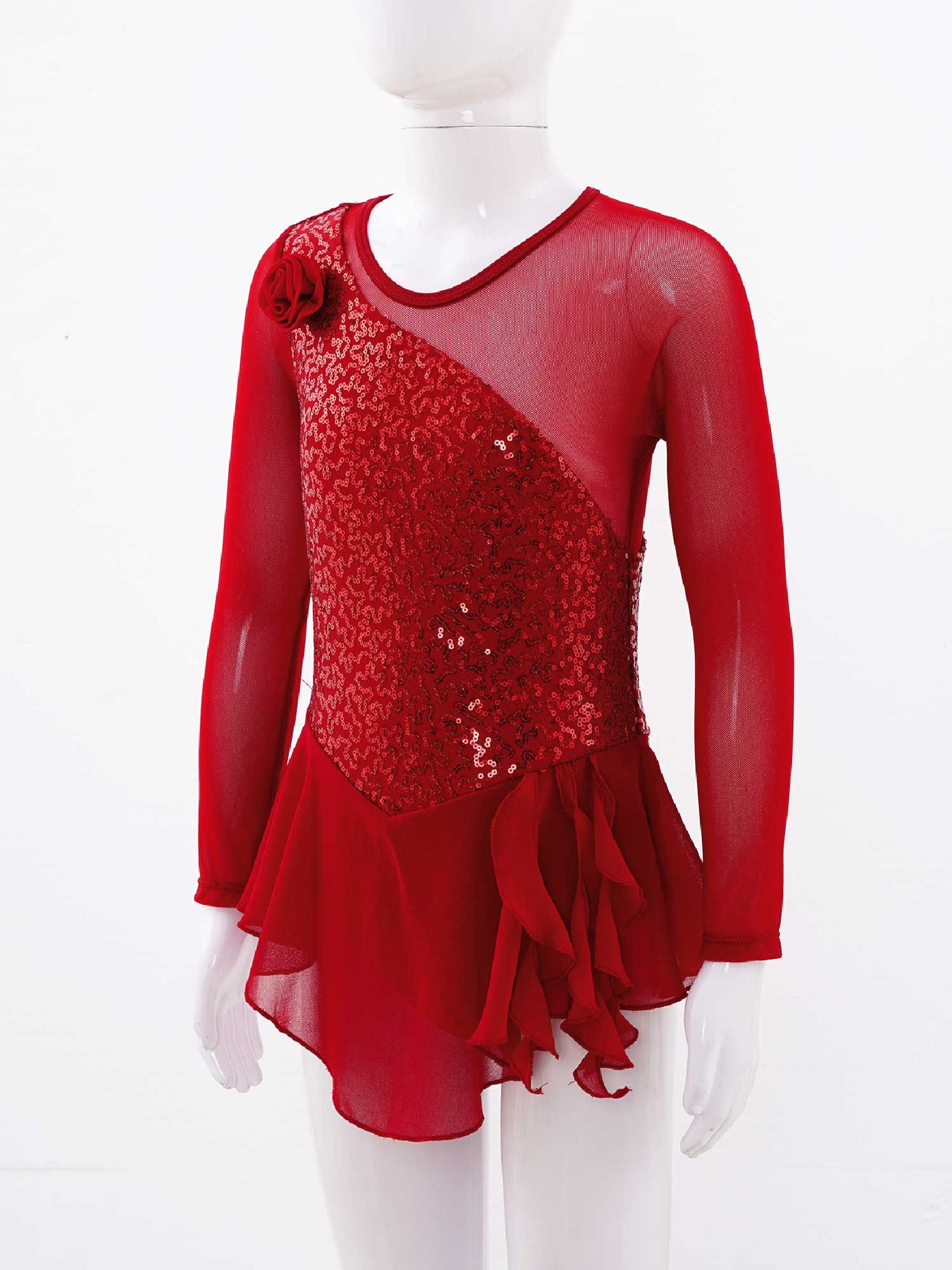 Girls Figure Ice Skating Dress Sparkly Sequin Gymnastics Dance Ballet Tutu Leotard Kids Long Sleeve Mesh Splice Dance Costume