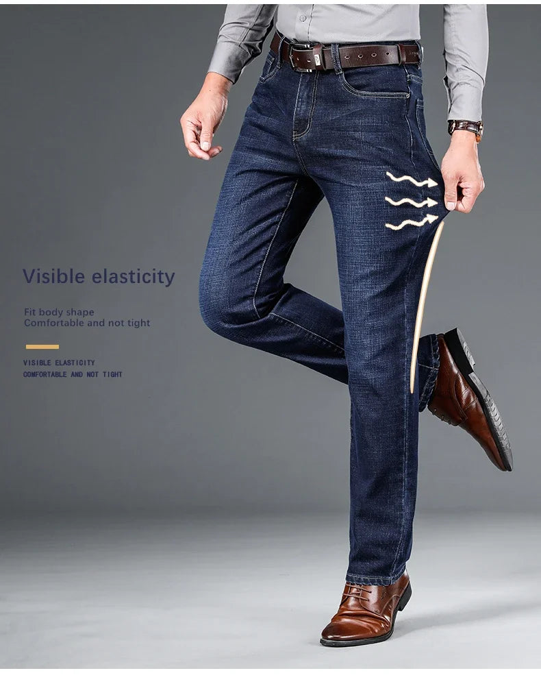 2024 autumn spring fitted straight stretch denim jeans classic style badge youth men's business casual jeans trousers