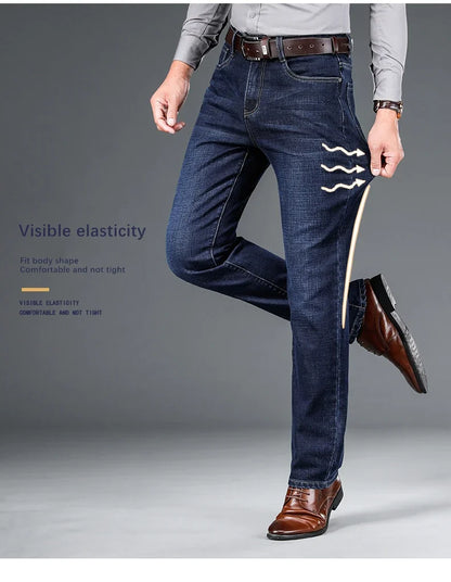 2024 autumn spring fitted straight stretch denim jeans classic style badge youth men's business casual jeans trousers