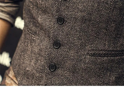 2022 Brown Men's Casual Herringbone Pattern Suit Vest Wool/Tweed Suit Vest U-neck Waistcoat Groomsmen For Wedding