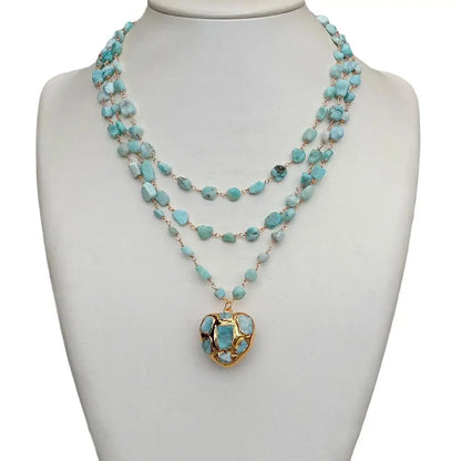 YYGEM 3 Strands Natural Blue Larimar Rosary Chain Necklace Heart-Shaped Larimar Pendant Statement Necklace for Women 18''