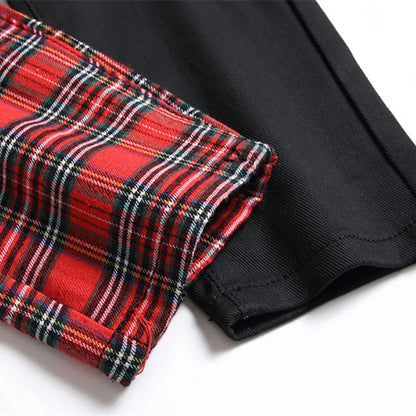 Men Punk Jeans Trendy Scotland Plaid Tartan Black Denim Pants Streetwear Rivet Patchwork Spliced Slim Straight Trousers
