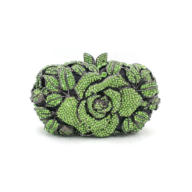 Green Pink Multicolored Rose Crystal Women Evening Clutches Bags Diamond Wedding Cocktail Party Purse And Stone Handbag