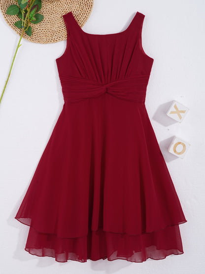 Summer Fashion Flower Girls Dress Wedding Birthday Party Kids Chiffon Dress Sleeveless Ruched Bodice Elegant Princess Dress