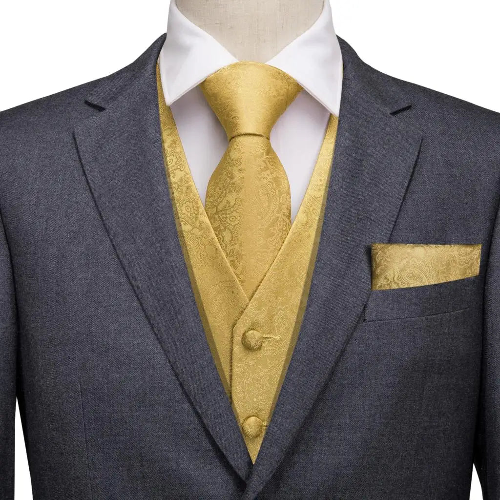 Silk Mens Vests Sleeveless Waist Jacket Jacquard Black Orange Floral Waistcoat Tie Hanky Cufflinks Set for Men Casual XXL