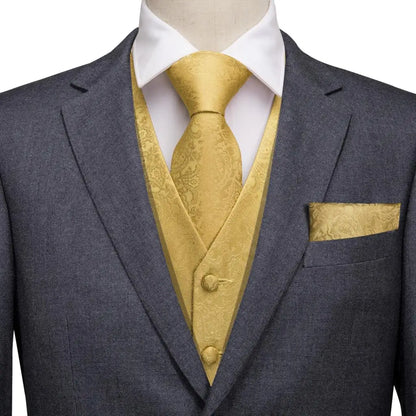 Fashion Silk Vest For Men Classic Gold Champane Yellow Waistcoat Jacket Tie Hankerchief Cufflinks Sets Dress Suit Wedding Hi-Tie