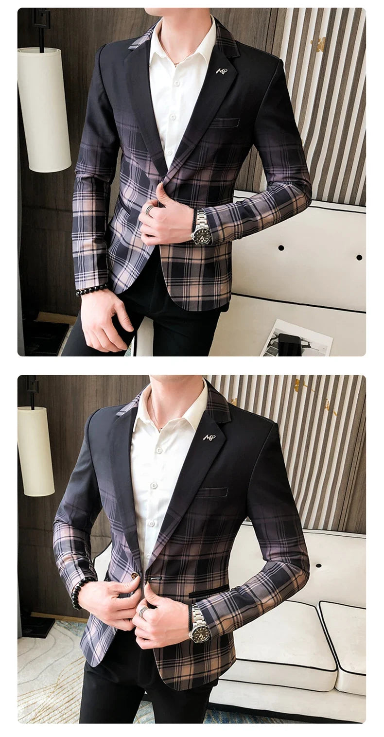 2022 Spring New Colorblock Plaid Blazer Men Slim Casual Man Blazers Wedding Business Party Clothing Dress Coat Blazer M-3XL