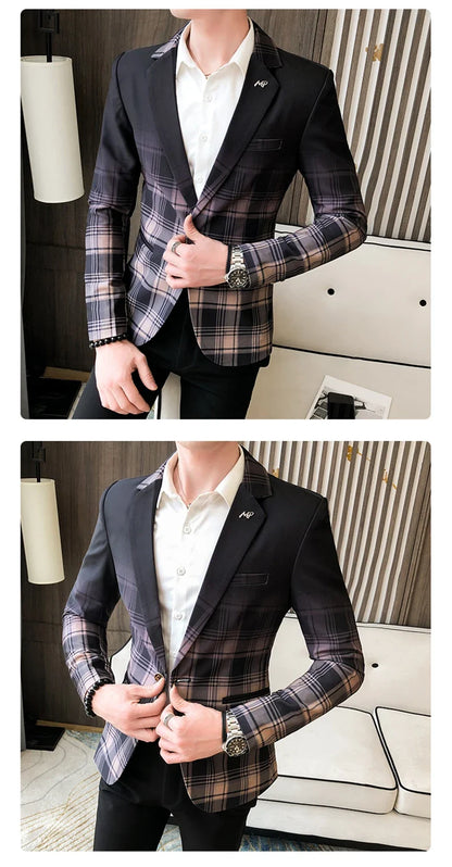 2022 Spring New Colorblock Plaid Blazer Men Slim Casual Man Blazers Wedding Business Party Clothing Dress Coat Blazer M-3XL