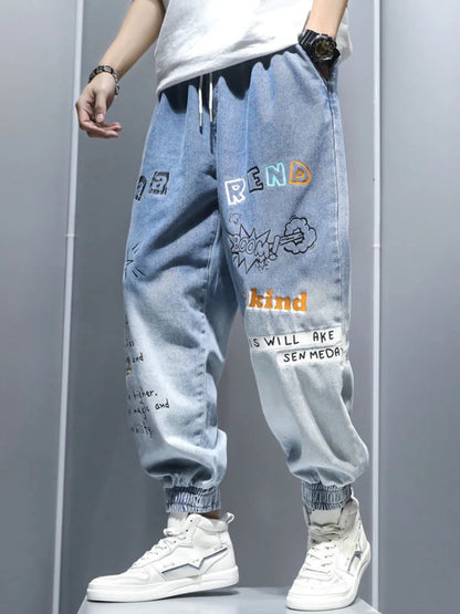 Printing Jeans Men's Gradient Hip Hop Trousers Harem Cartoon Loose Casual Ankle Banded Pants Cargo Denim Jeans Fashion