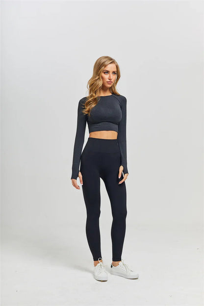Women Seamless Yoga Set Fitness Sports Suits Gym Clothing Long Sleeve Crop Top Shirts High Waist Running Leggings Workout Pants