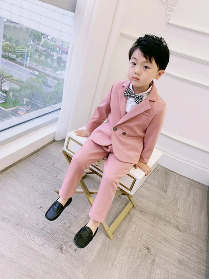 Teenager Boys Pink Black Jacket+Pants 2Pcs Clothing Set Gentleman Kids Formal Wedding Suit Children Performance Graduation Dress