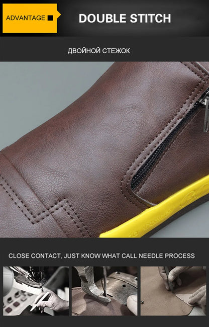 New Winter Men's Boots Soft Leather Plush Warm Snow Boots Waterproof Outdoor Footwear Men Work Boots Men Motorcycle Boots