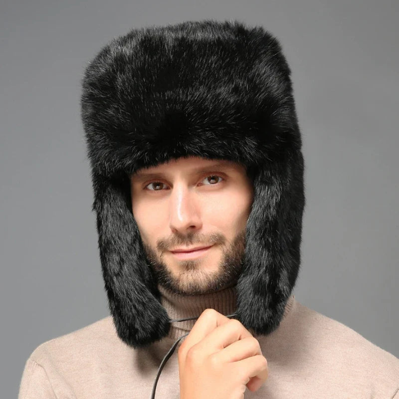 Thick Warm Trapper Hat Men Real Rabbit Fur Earflap Russian Cap Male Plus Size Winter Hats for Men Ski Russian Hat