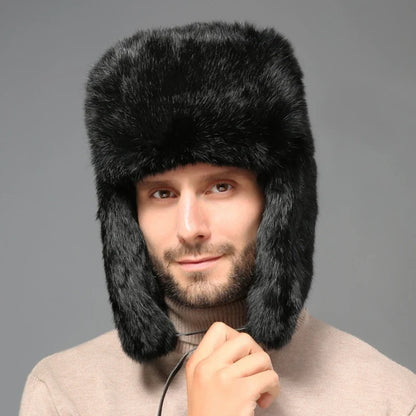 Thick Warm Trapper Hat Men Real Rabbit Fur Earflap Russian Cap Male Plus Size Winter Hats for Men Ski Russian Hat