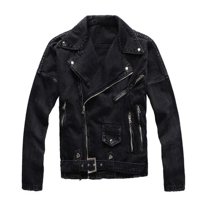 Men's Zippers Black Biker Jean Jacket Streetwear Thick Denim Slim Coat with Belt High Quality