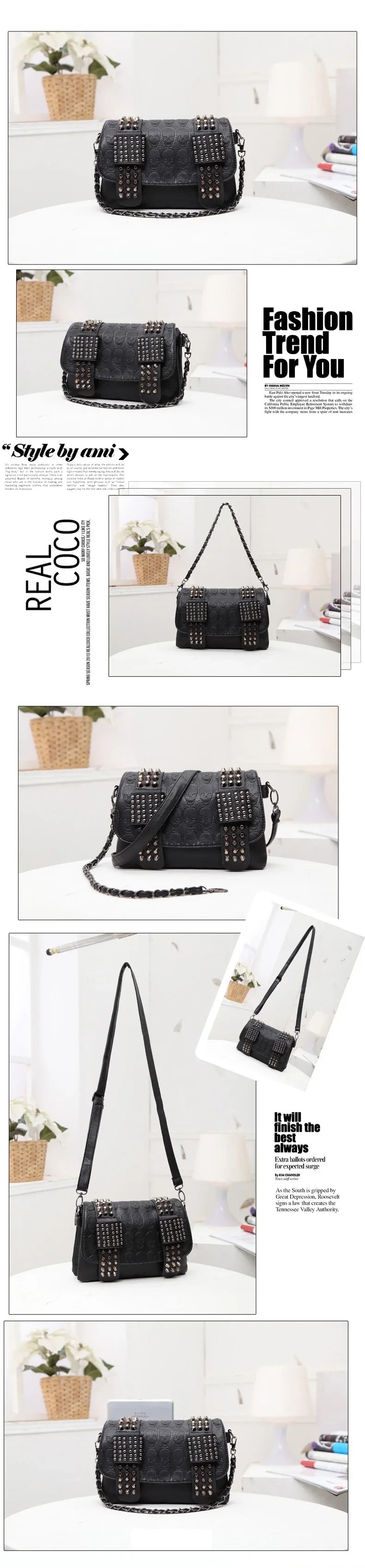 Women Black Leather Messenger Bags Single Skull Rivet Shoulder Bags Sac A Main Bolsa Black Vintage Sexy Bag Lady Drop