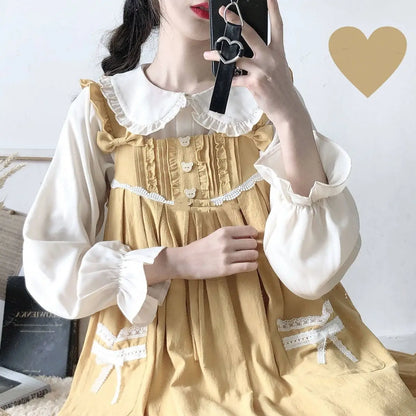 Peter Pan Collar Sweet Shirt Women Lolita Japanese Kawaii Blouse Puff Long Sleeve Elegant White Female Top Basic School Shirts