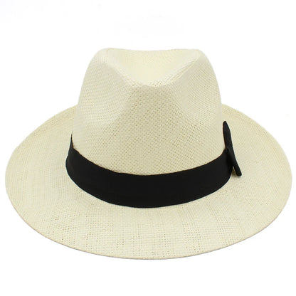 Men Women Straw Panama Hats Summer Fedora Sunhats Bowtie Band Party Trilby Caps Outdoor Sombrero Travel Size US 7 1/4 UK L