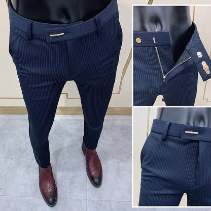 Fashion Striped Suit Pant 2022 Men Elegant Slim Fit Tight-ankle Trousers Pants Men Office Party Business Slim Fit Dress Trousers
