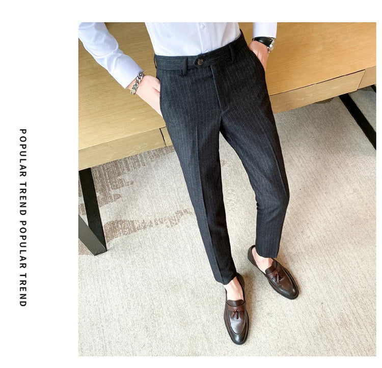 Boutique Classic Plaid and Striped Fashion Men's Casual Business Slim Suit Pants Groom Wedding Dress Trousers Party