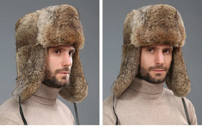 Thick Warm Trapper Hat Men Real Rabbit Fur Earflap Russian Cap Male Plus Size Winter Hats for Men Ski Russian Hat