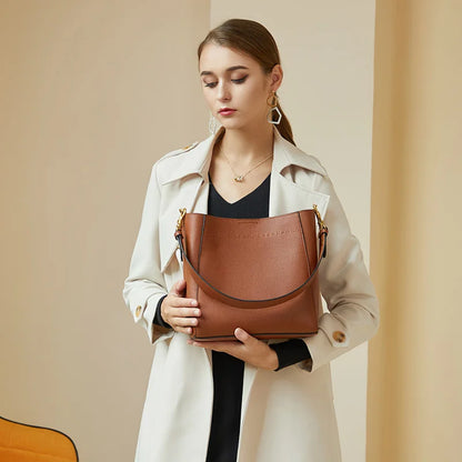 New Genuine Leather Casual Shopper Shoulder Bag Commuter Large Bucket Handbag Simple High Quality Women Tote Underarm Bags