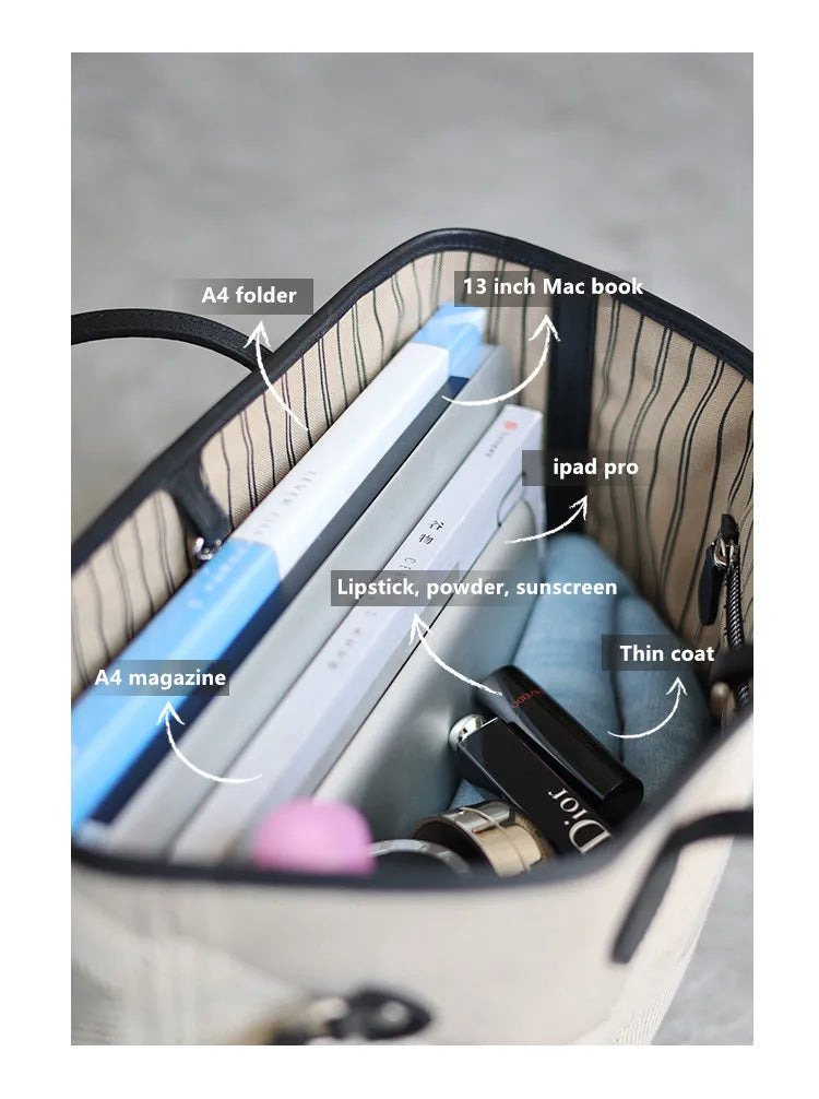 Women's Fashion Shoulder Bag Luxury Designer Handbag Large Capacity Canvas With Genuine Leather Tote For Shopping,Commuting,Work