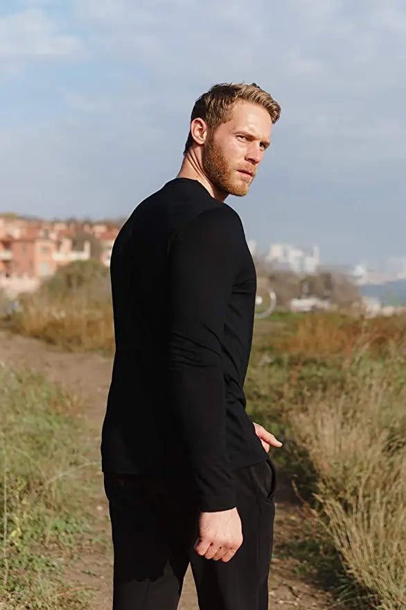 Men's 100% Merino Wool Thermal Long Sleeve T-Shirt Base Layer Breathable Wicking Anti-Odor Underwear for Outdoor Activities