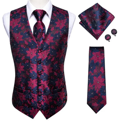 Navy Blue Mens Vest Formal Paisley Waistcoat Jacket Tie Handkerchief Cufflinks Set For Male Dress Suit Wedding Party