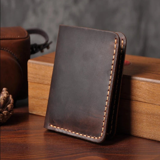 Portefeuille Homme en Cuir Véritable Fait Main Vintage Crazy Horse Portefeuille Court en Cuir pour Homme Porte-Cartes Pince à Billets Sac à Main