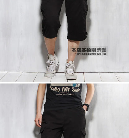 Male Shorts Multi Pocket Summer Loose Zipper Breeches Khaki Grey Plus Size Short Pant Casual Cotton Black Long Mens Cargo Shorts
