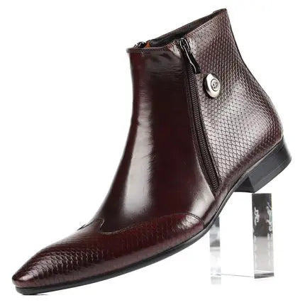 PJCMG New Cowhide Pointed Toe Genuine Leather Fashion Men's Zipper Work Bullock Patterns Oxford Dress Shoes For Men Boots