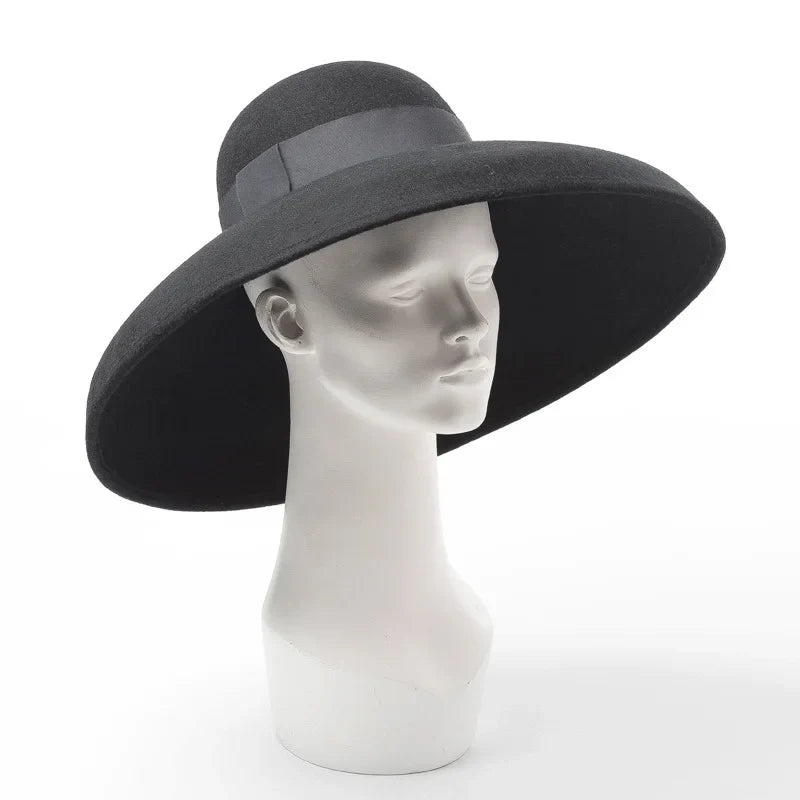 Retro Style Black Pure Wool Felt Floppy Hat Wide Brim Women Winter Fedora Cloche Bowler Hat Ribbon Band Wedding Party Church Hat